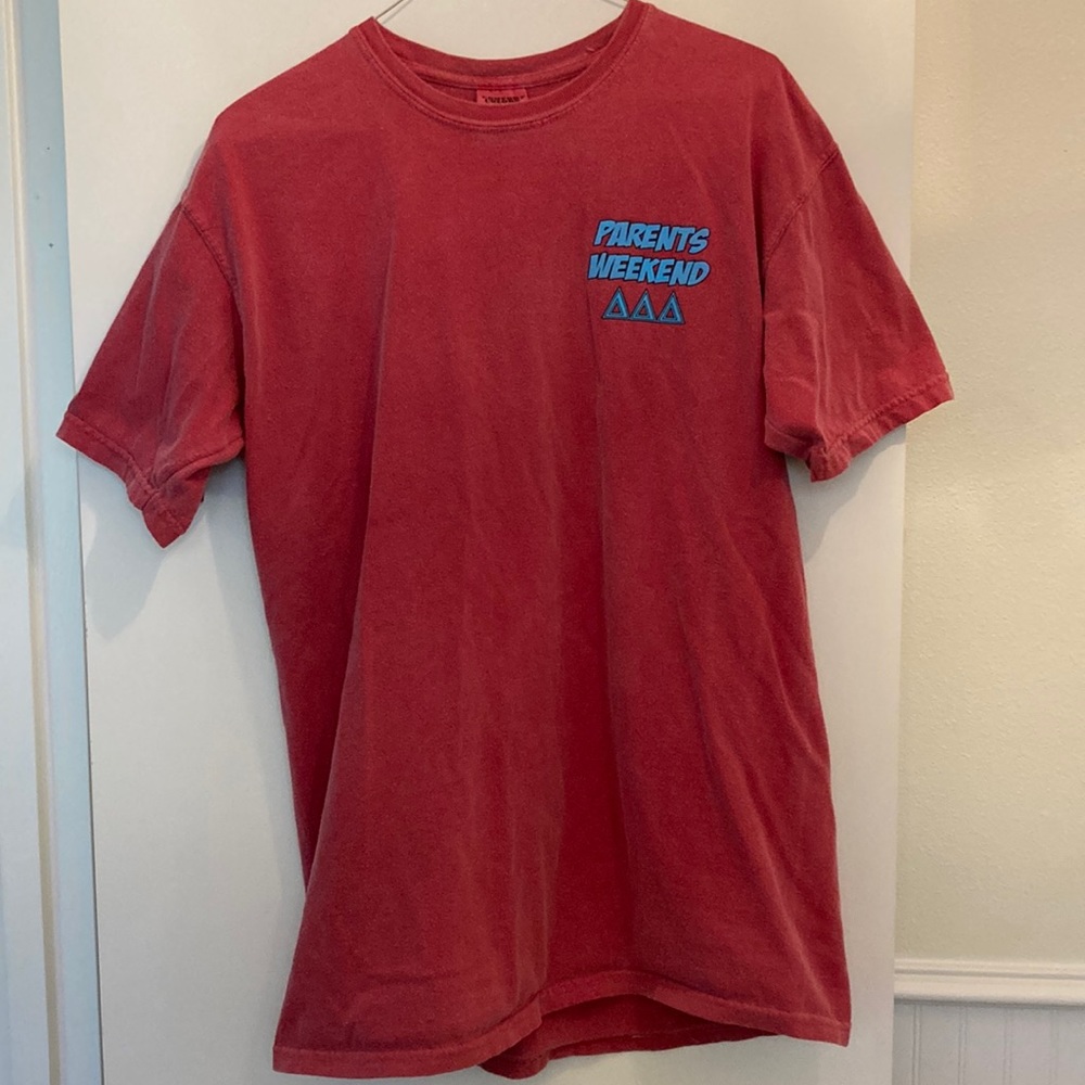 RED TRI DELTA THETA SORORITY T SHIRT WITH BABY BLUE LETTERS. PARENTS WEEKEND!